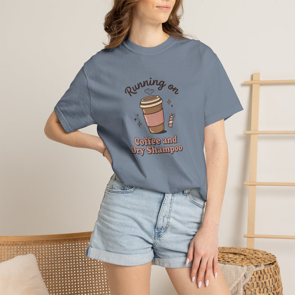 Running on Coffee and Dry Shampoo T-shirt | Coffee Cup Illustration