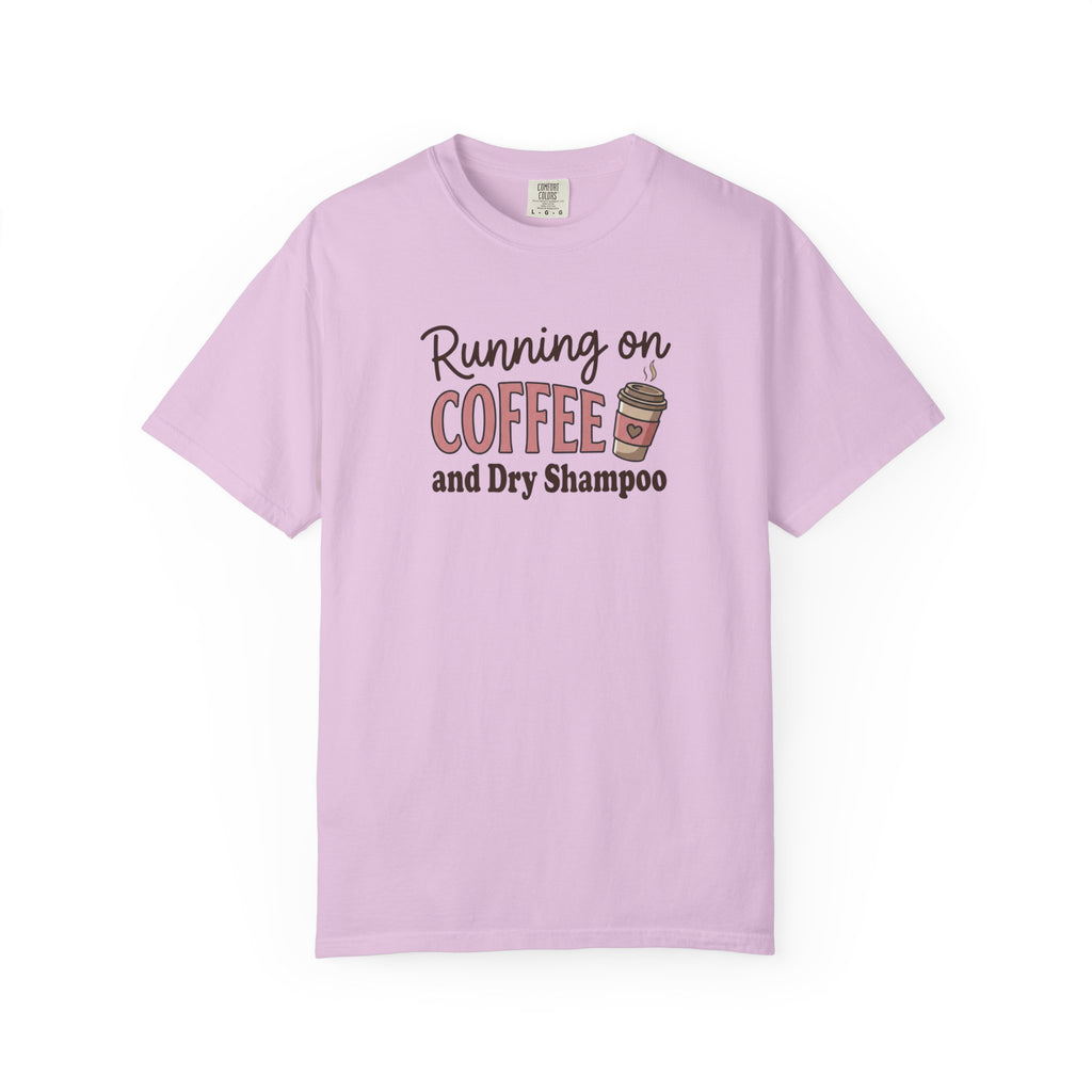 Running on Coffee and Dry Shampoo T-Shirt | Coffee Cup Graphic