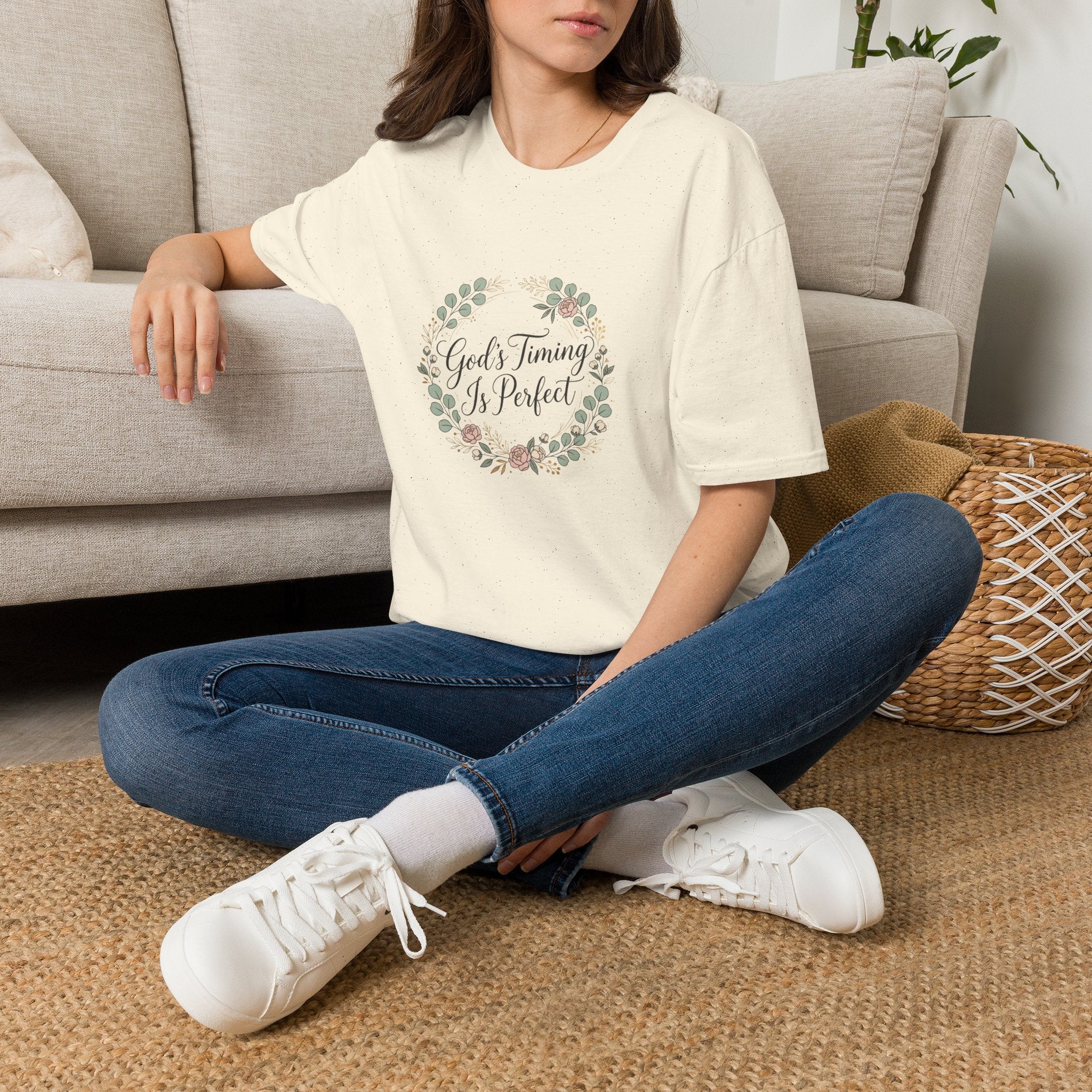 God's Timing Is Perfect T-Shirt | Floral Wreath Christian Faith Tee