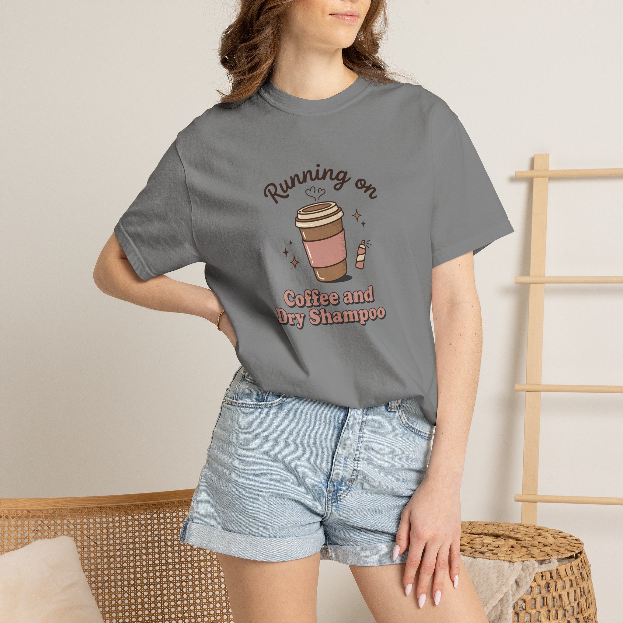 Running on Coffee and Dry Shampoo T-shirt | Coffee Cup Illustration