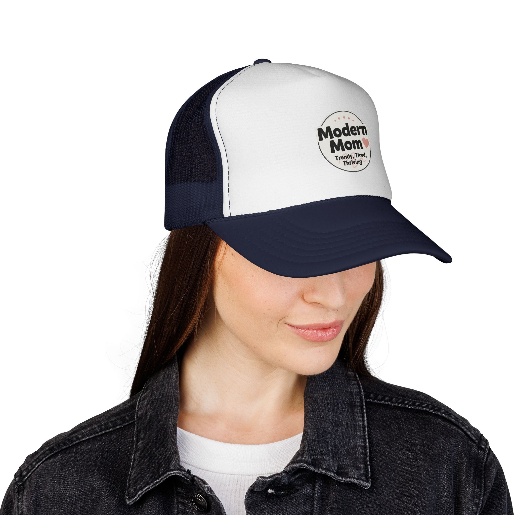 Modern Mom heart badge Trucker Cap | Mom life, trendy tired thriving