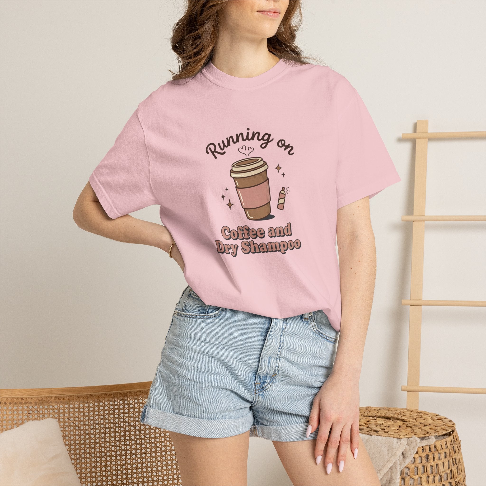 Running on Coffee and Dry Shampoo T-shirt | Coffee Cup Illustration