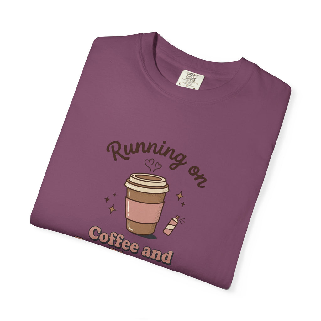 Running on Coffee and Dry Shampoo T-shirt | Coffee Cup Illustration