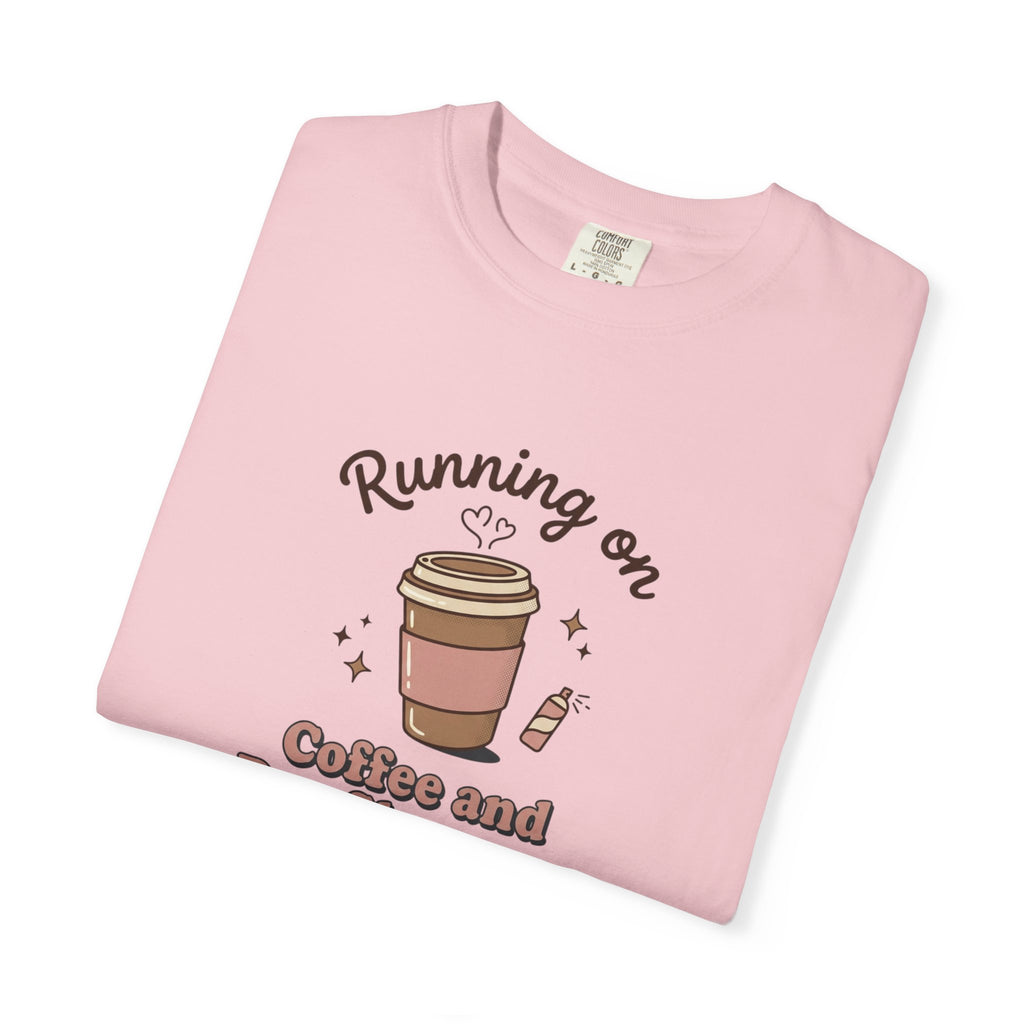 Running on Coffee and Dry Shampoo T-shirt | Coffee Cup Illustration