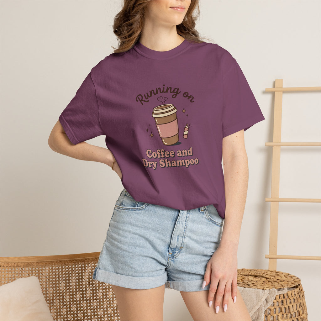Running on Coffee and Dry Shampoo T-shirt | Coffee Cup Illustration
