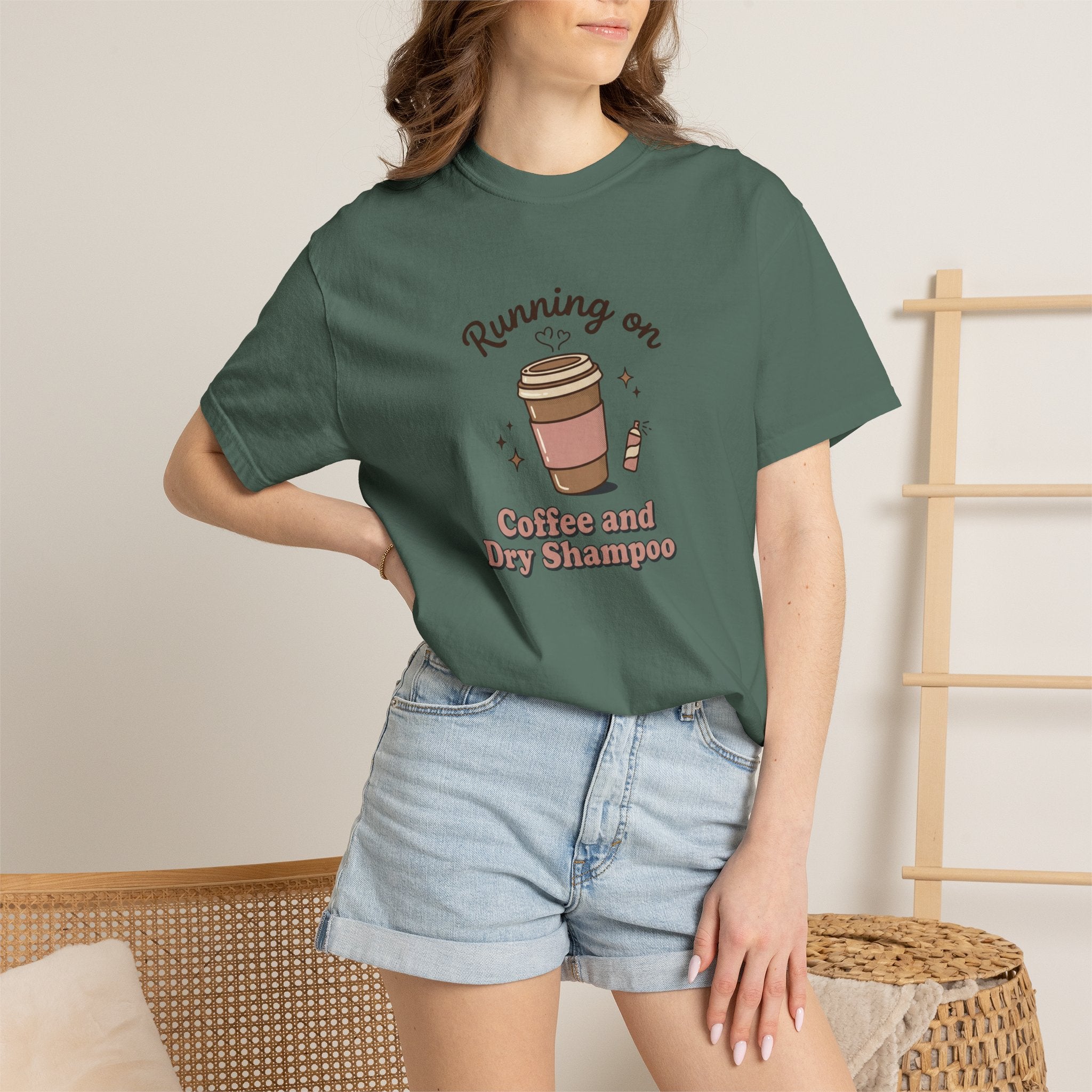 Running on Coffee and Dry Shampoo T-shirt | Coffee Cup Illustration