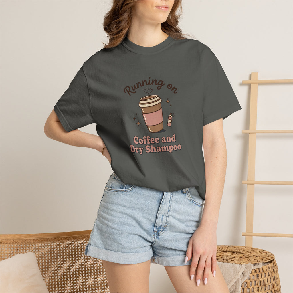 Running on Coffee and Dry Shampoo T-shirt | Coffee Cup Illustration