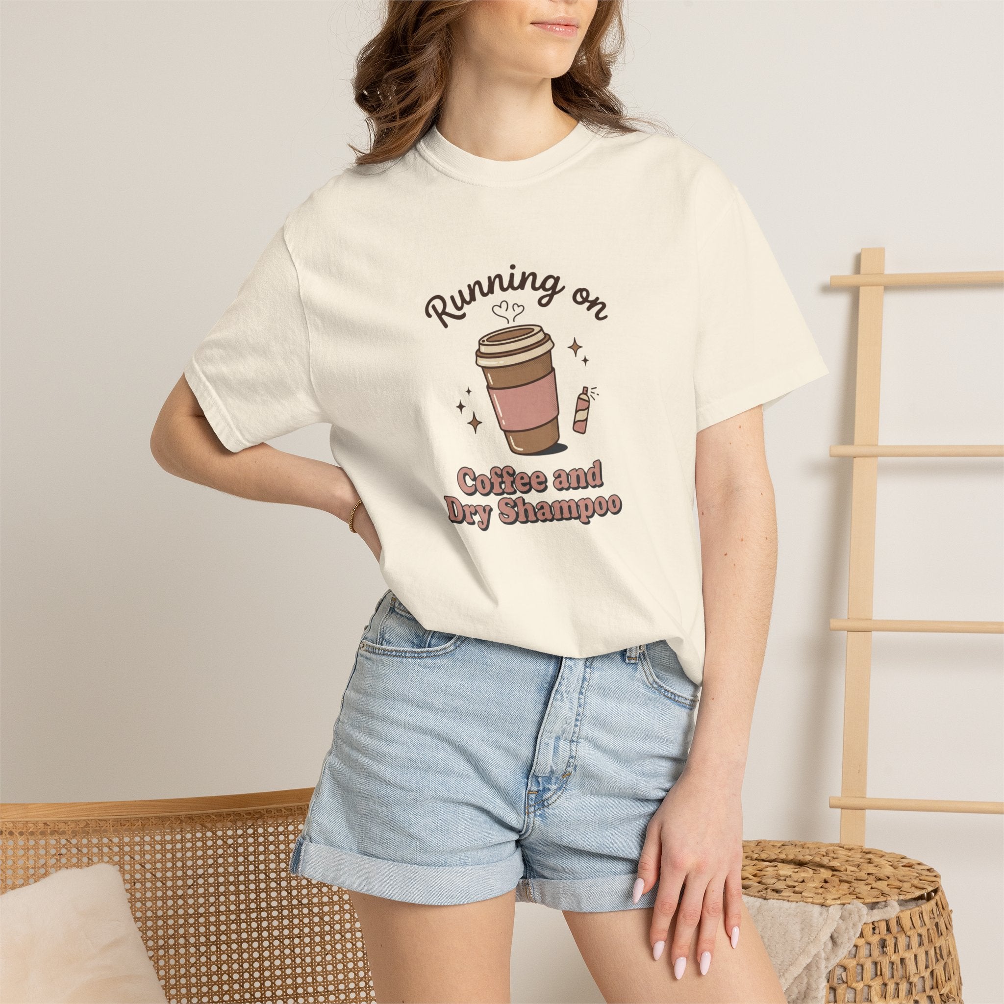 Running on Coffee and Dry Shampoo T-shirt | Coffee Cup Illustration
