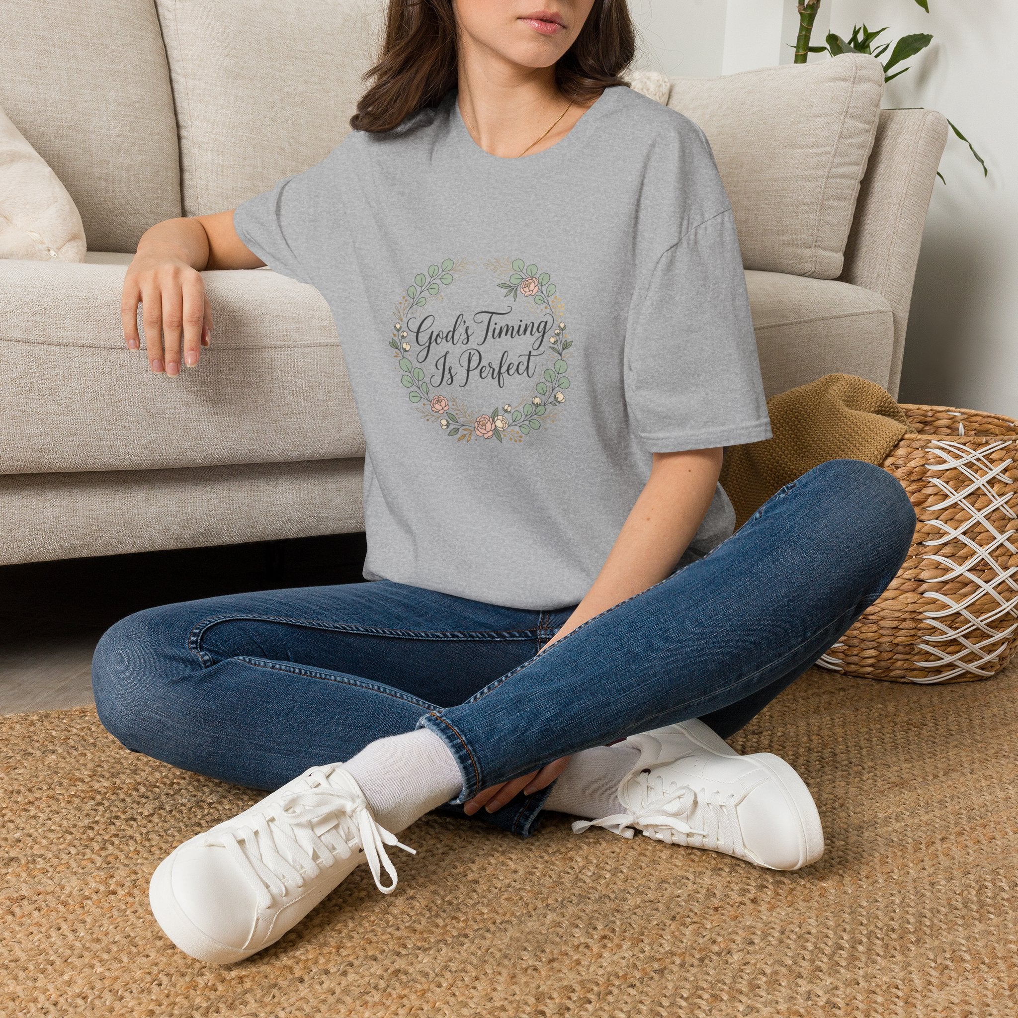 God's Timing Is Perfect T-Shirt | Floral Wreath Christian Faith Tee