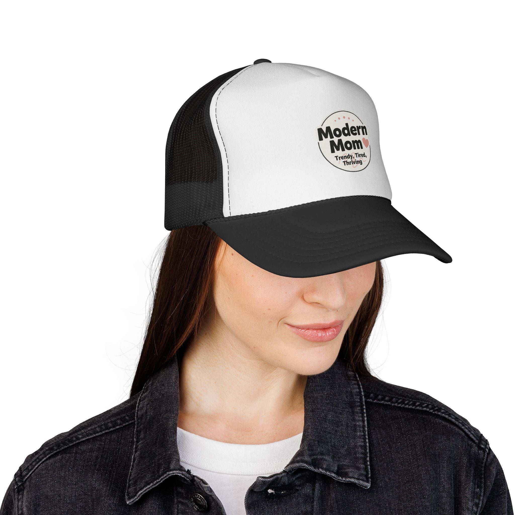 Modern Mom heart badge Trucker Cap | Mom life, trendy tired thriving