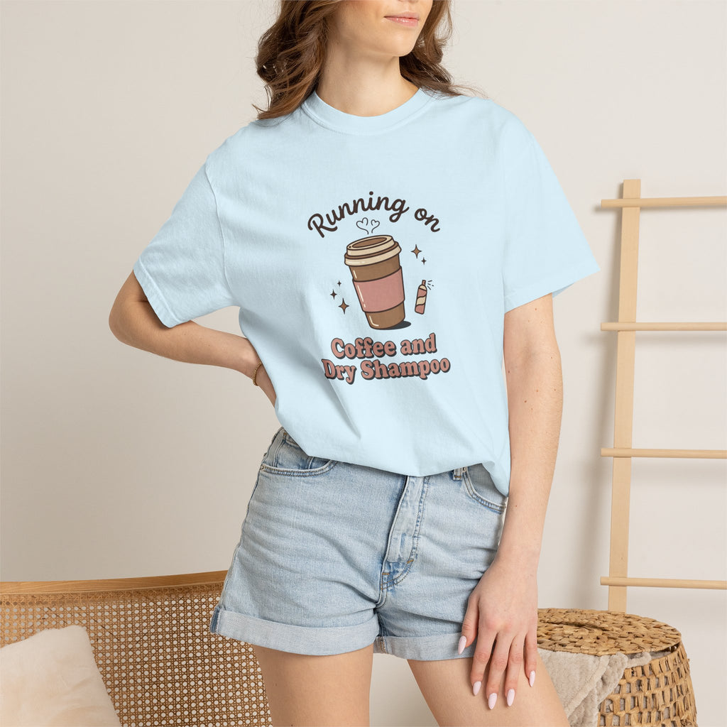 Running on Coffee and Dry Shampoo T-shirt | Coffee Cup Illustration