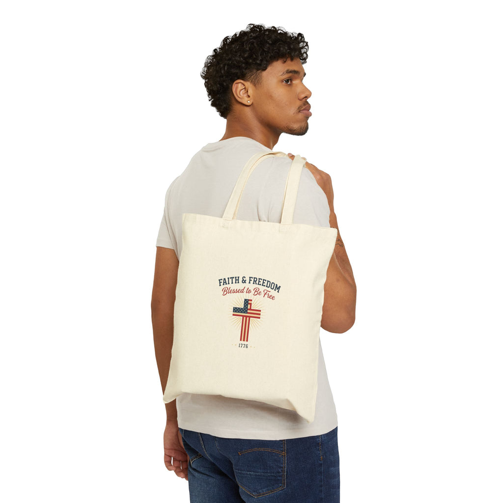 Faith & Freedom Cross Tote, patriotic faith-based vintage Americana, July 4th liberty l