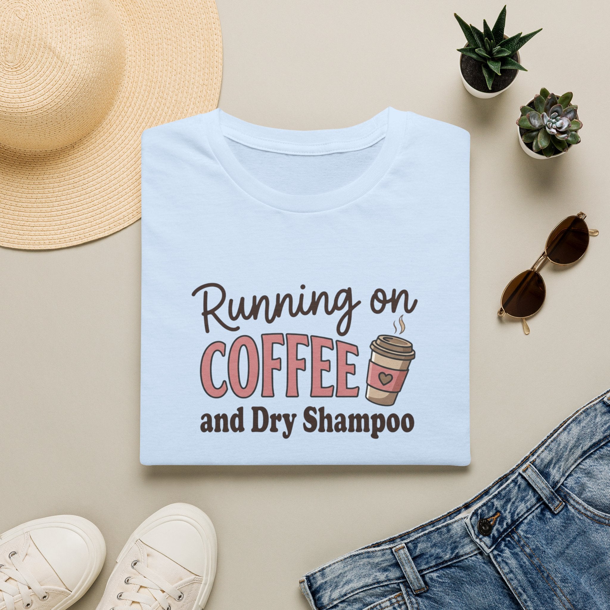 Running on Coffee and Dry Shampoo T-Shirt | Coffee Humor Tee