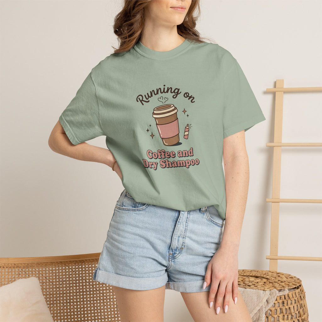 Running on Coffee and Dry Shampoo T-shirt | Coffee Cup Illustration