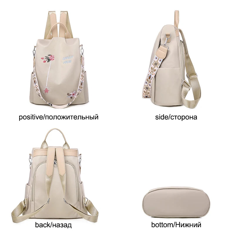 Waterproof Oxford Women Backpack Fashion Anti-theft School Bag Embroidery Designer Female Large Capacity Travel Shoulder Handbag