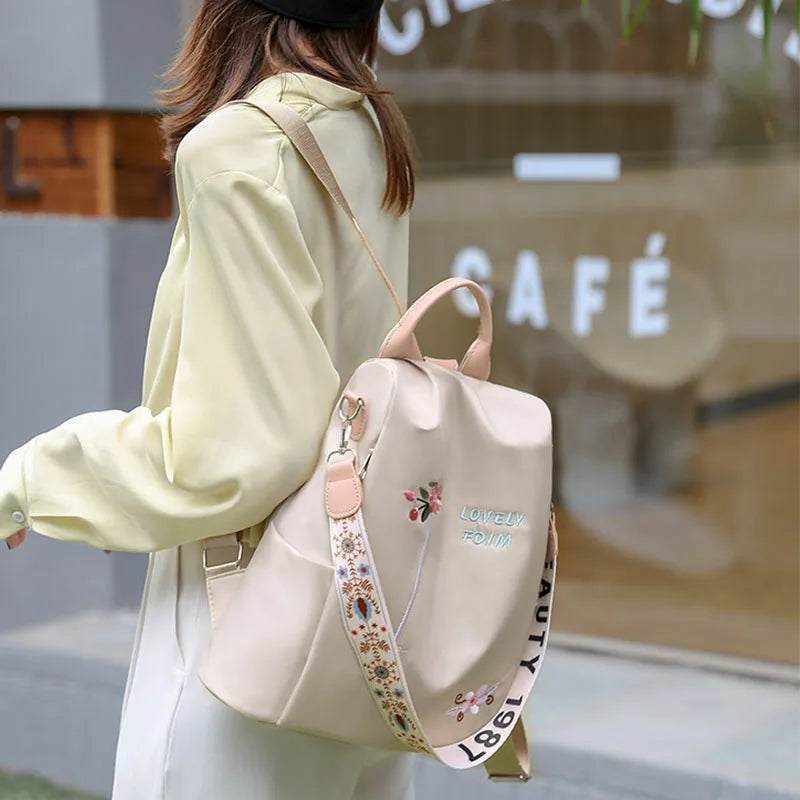 Waterproof Oxford Women Backpack Fashion Anti-theft School Bag Embroidery Designer Female Large Capacity Travel Shoulder Handbag