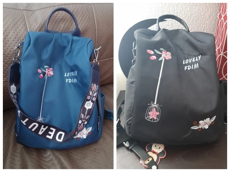 Waterproof Oxford Women Backpack Fashion Anti-theft School Bag Embroidery Designer Female Large Capacity Travel Shoulder Handbag