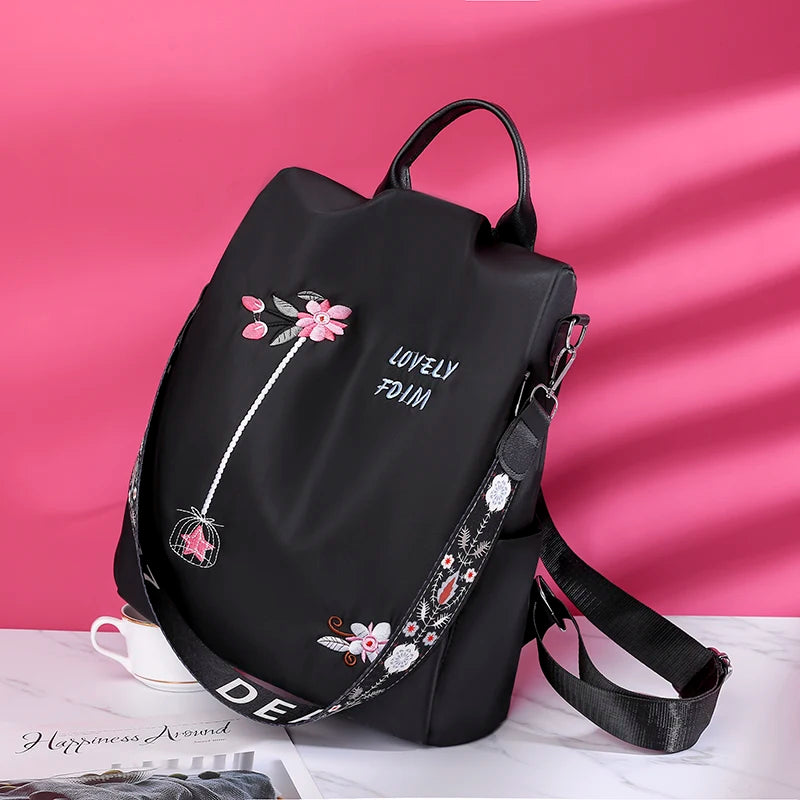 Waterproof Oxford Women Backpack Fashion Anti-theft School Bag Embroidery Designer Female Large Capacity Travel Shoulder Handbag
