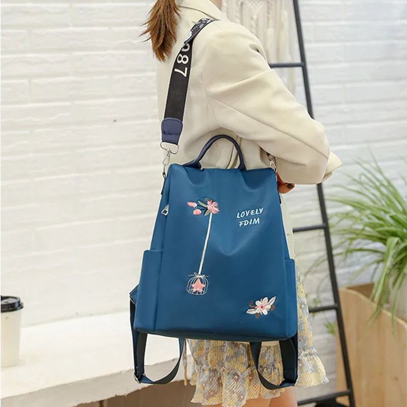Waterproof Oxford Women Backpack Fashion Anti-theft School Bag Embroidery Designer Female Large Capacity Travel Shoulder Handbag
