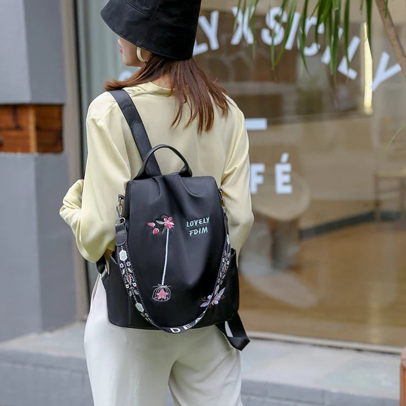 Waterproof Oxford Women Backpack Fashion Anti-theft School Bag Embroidery Designer Female Large Capacity Travel Shoulder Handbag