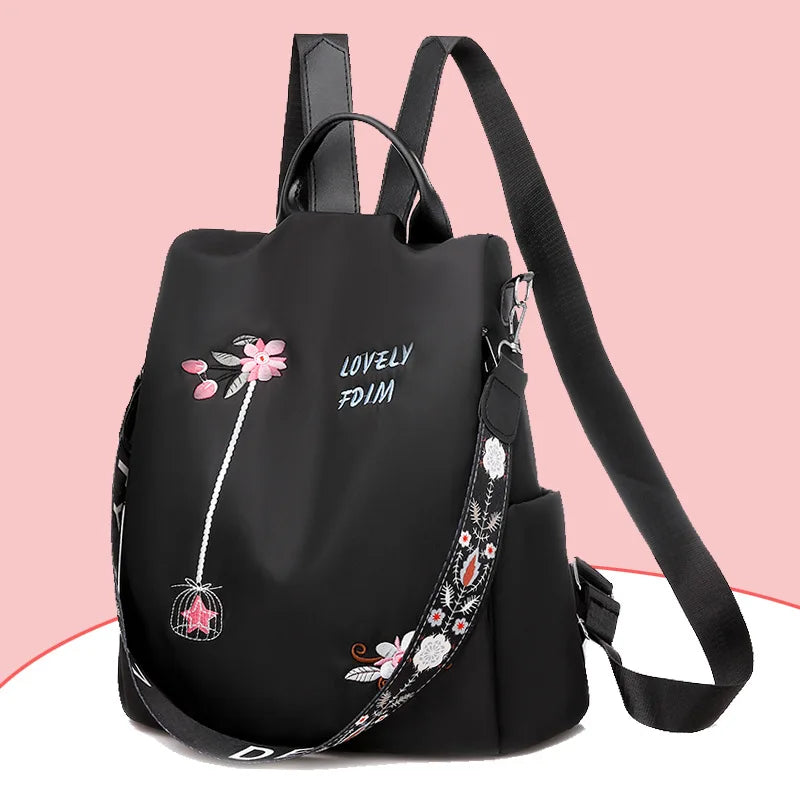 Waterproof Oxford Women Backpack Fashion Anti-theft School Bag Embroidery Designer Female Large Capacity Travel Shoulder Handbag