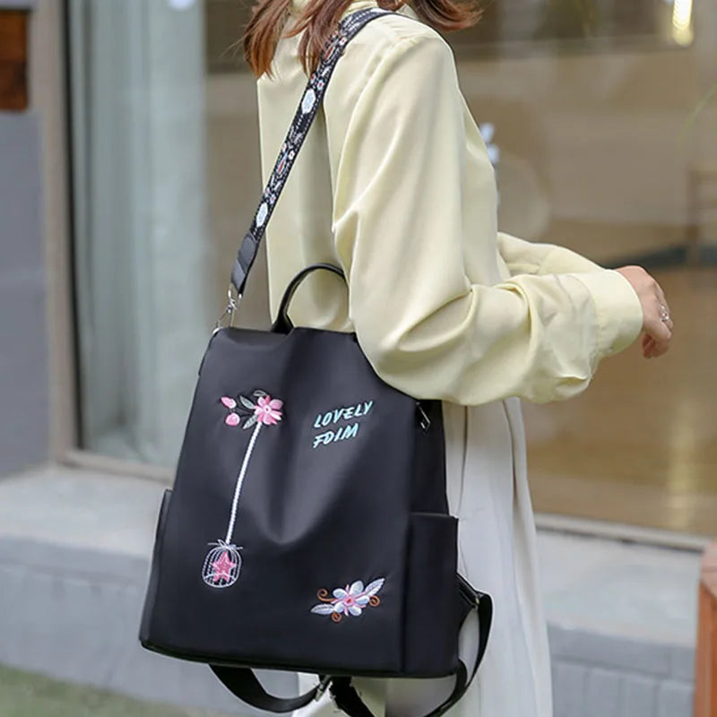 Waterproof Oxford Women Backpack Fashion Anti-theft School Bag Embroidery Designer Female Large Capacity Travel Shoulder Handbag