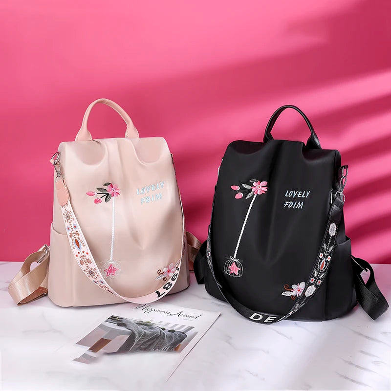 Waterproof Oxford Women Backpack Fashion Anti-theft School Bag Embroidery Designer Female Large Capacity Travel Shoulder Handbag