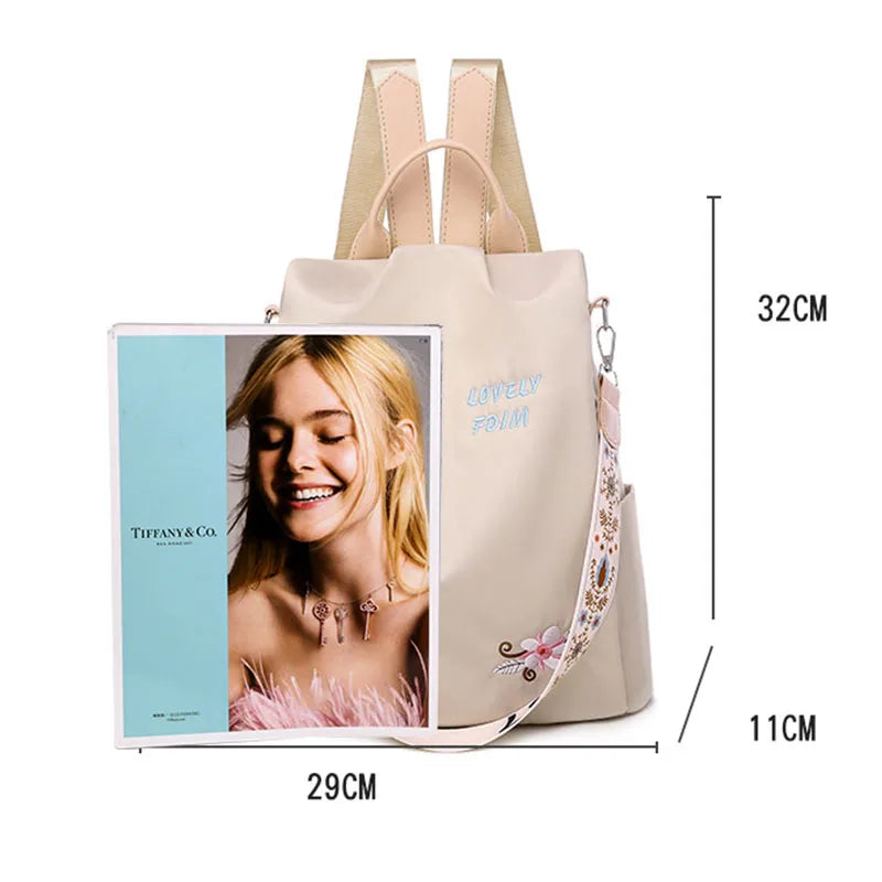 Waterproof Oxford Women Backpack Fashion Anti-theft School Bag Embroidery Designer Female Large Capacity Travel Shoulder Handbag
