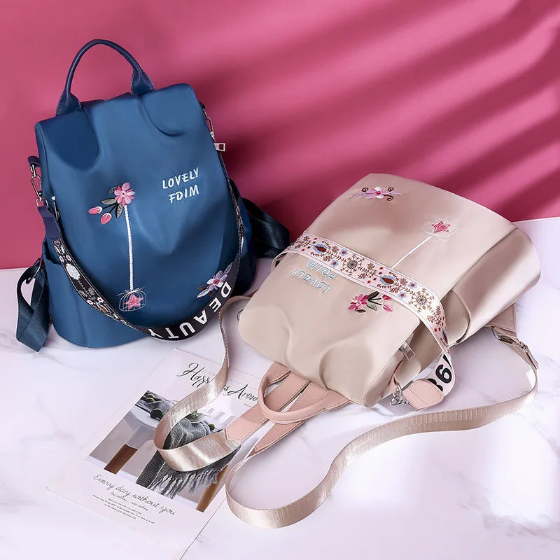 Waterproof Oxford Women Backpack Fashion Anti-theft School Bag Embroidery Designer Female Large Capacity Travel Shoulder Handbag