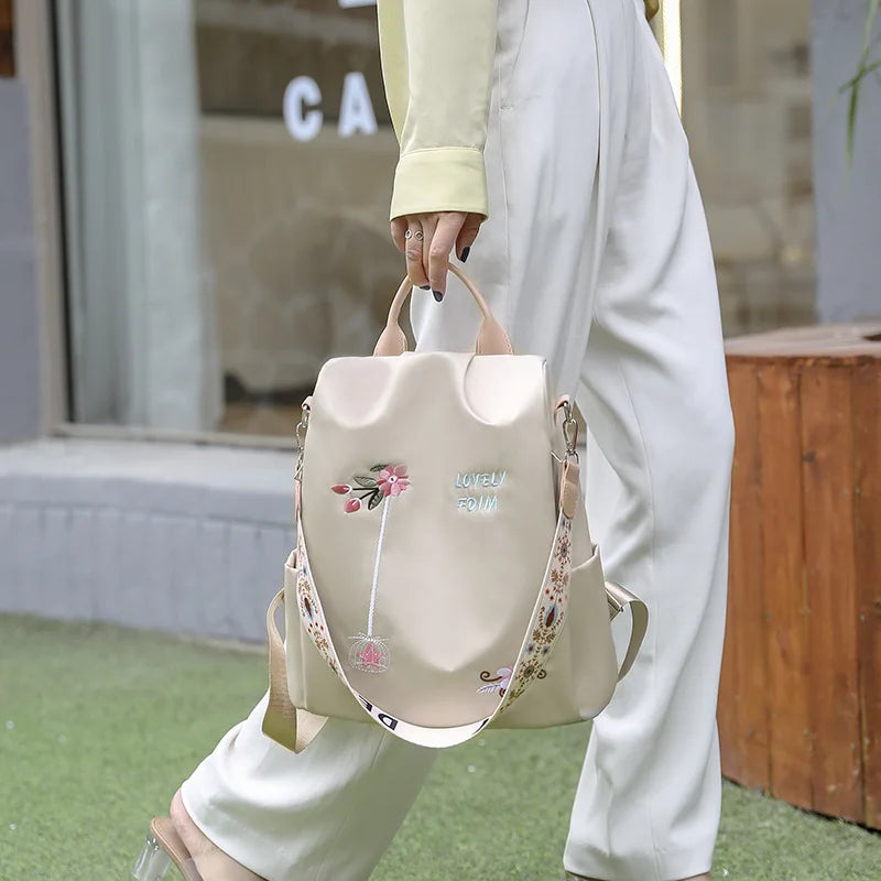 Waterproof Oxford Women Backpack Fashion Anti-theft School Bag Embroidery Designer Female Large Capacity Travel Shoulder Handbag