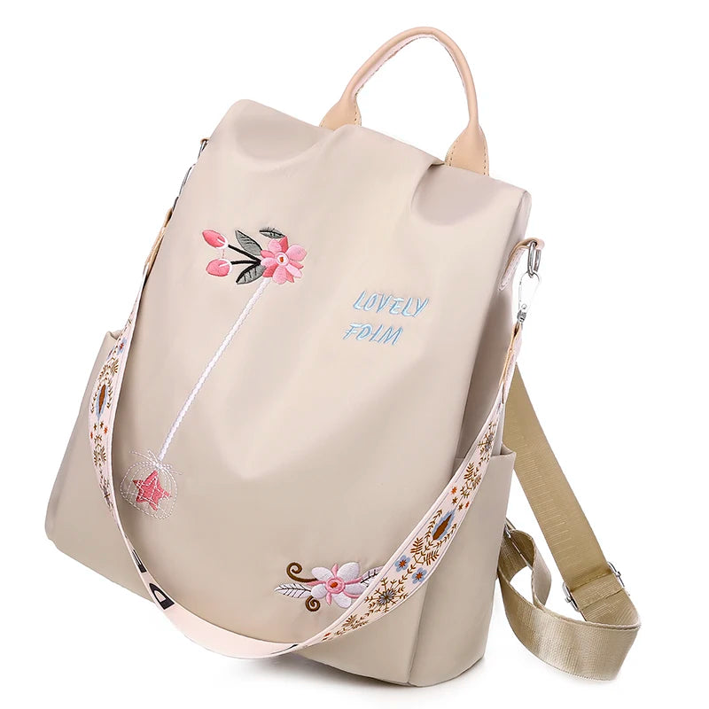 Waterproof Oxford Women Backpack Fashion Anti-theft School Bag Embroidery Designer Female Large Capacity Travel Shoulder Handbag