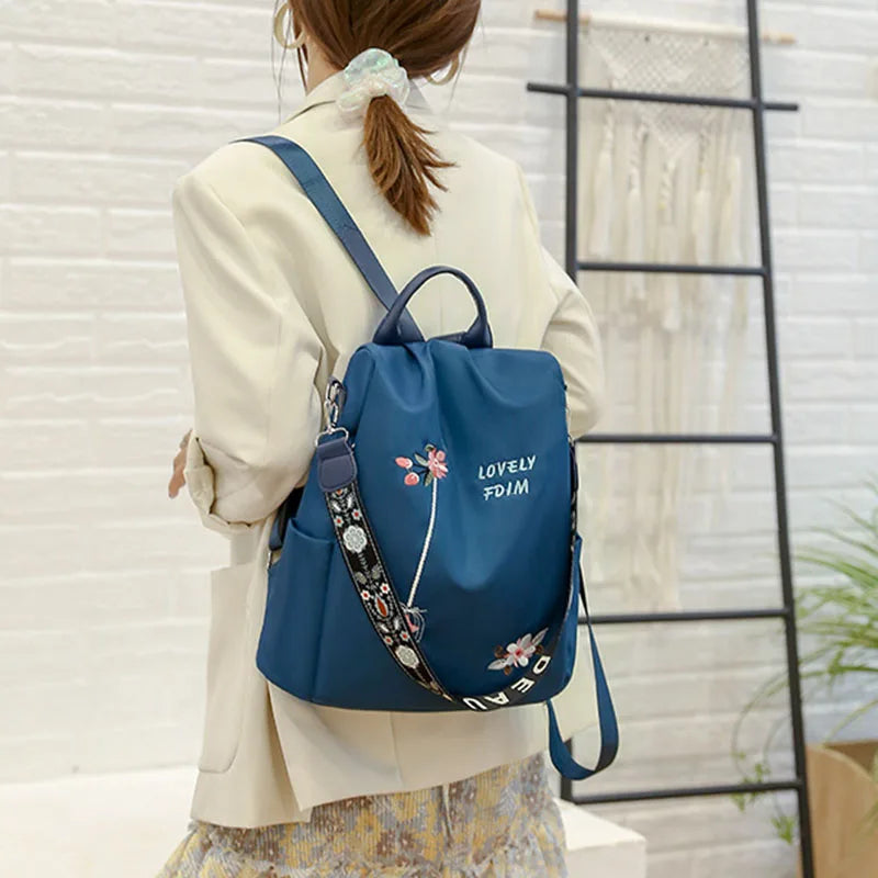 Waterproof Oxford Women Backpack Fashion Anti-theft School Bag Embroidery Designer Female Large Capacity Travel Shoulder Handbag