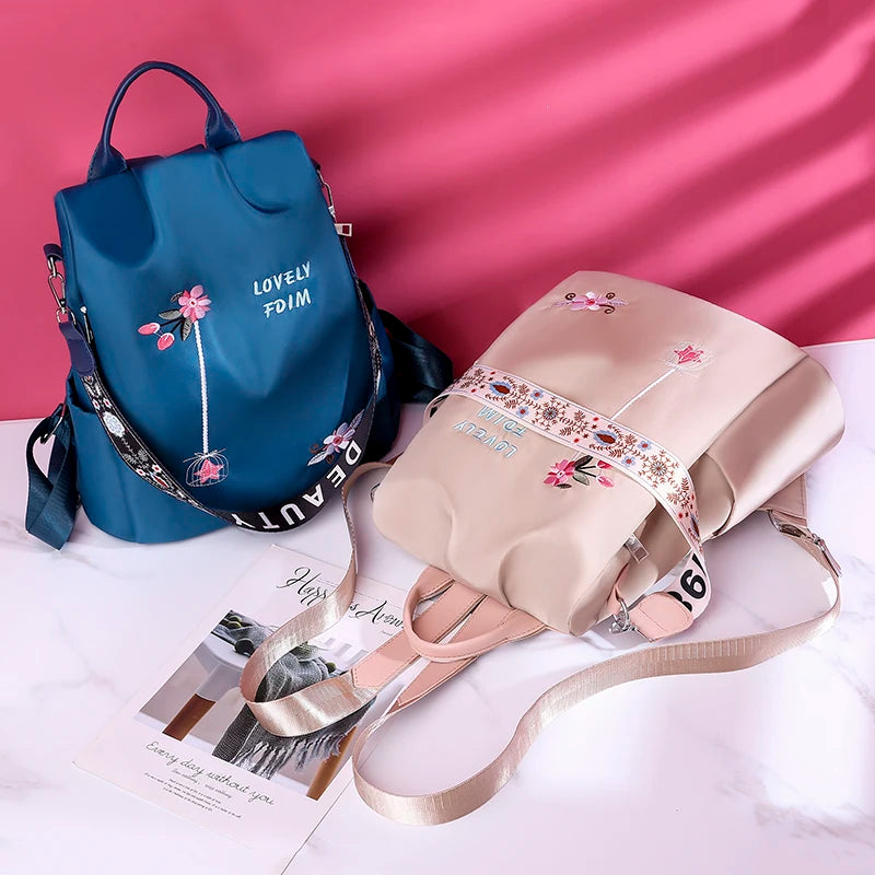 Waterproof Oxford Women Backpack Fashion Anti-theft School Bag Embroidery Designer Female Large Capacity Travel Shoulder Handbag