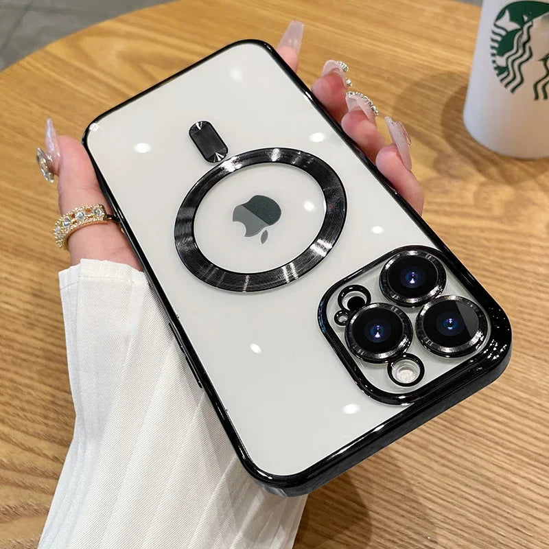 Magnetic Plating Case For iPhone 15 16 14 17 Pro Max Air Camera Lens Protector Glass For Magsafe Wireless Charger Cover