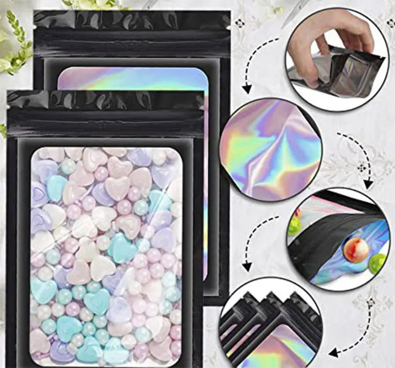 100Pcs Holographic Ziplock Bags Plastic Laser Iridescent Zip Bags for Manicure Eyelash Display Earrings Ring Jewelry Storage Bag