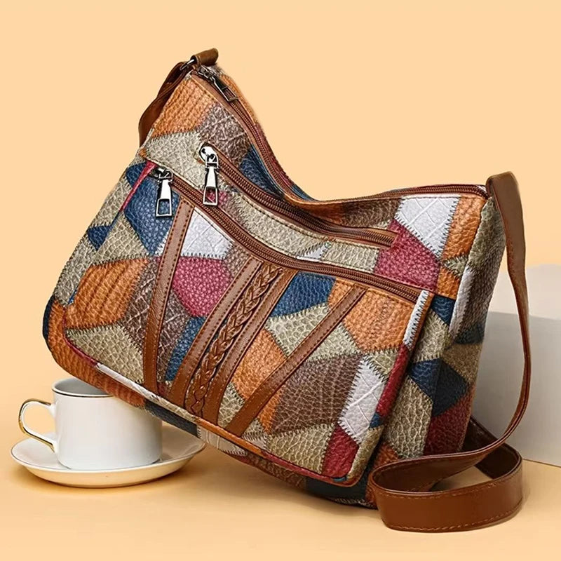 Neutral style backpack for moms with a strap design. Single shoulder bag with a patchwork pattern. Adjustable shoulder strap.