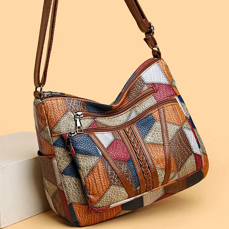 Neutral style backpack for moms with a strap design. Single shoulder bag with a patchwork pattern. Adjustable shoulder strap.