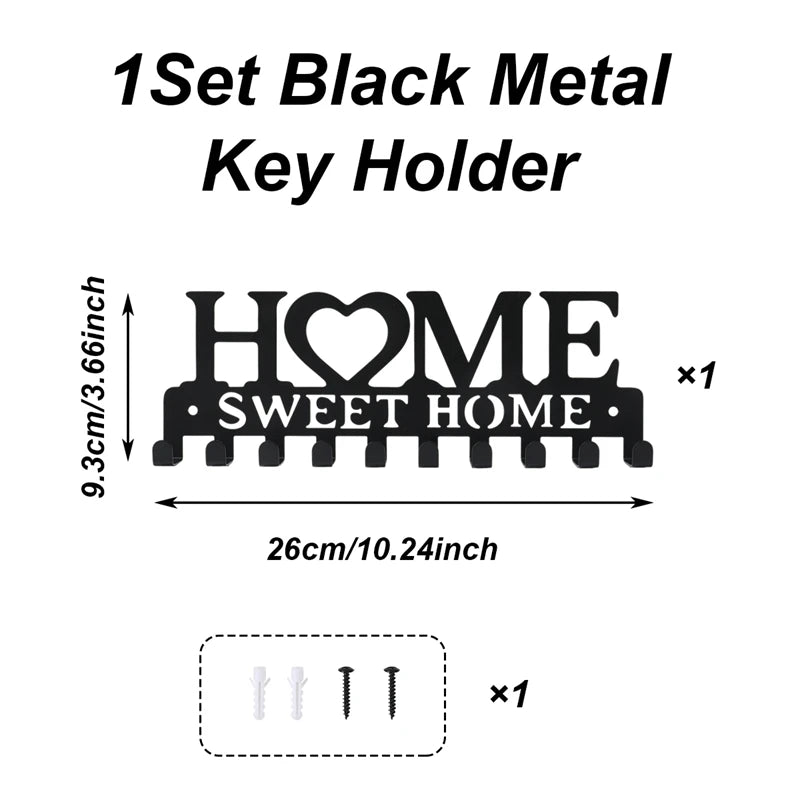 1pc Black Metal Keys Holder Wall Mount Key Holder Sweet Home Design Style Key Rack for Key Hanger with 10 Hooks