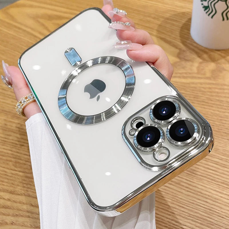 Magnetic Plating Case For iPhone 15 16 14 17 Pro Max Air Camera Lens Protector Glass For Magsafe Wireless Charger Cover