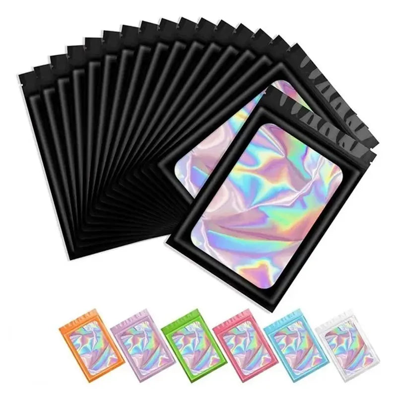 100Pcs Holographic Ziplock Bags Plastic Laser Iridescent Zip Bags for Manicure Eyelash Display Earrings Ring Jewelry Storage Bag