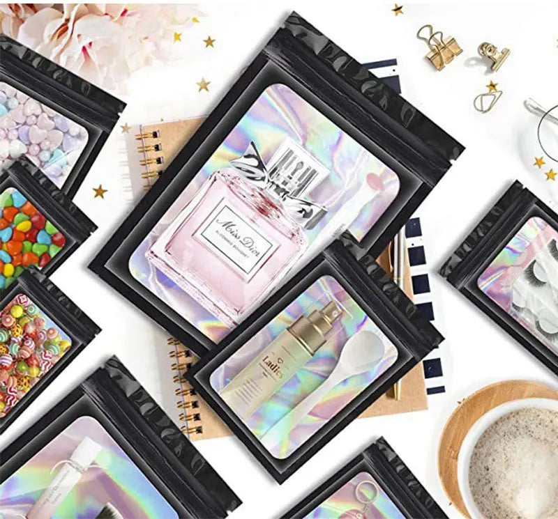 100Pcs Holographic Ziplock Bags Plastic Laser Iridescent Zip Bags for Manicure Eyelash Display Earrings Ring Jewelry Storage Bag