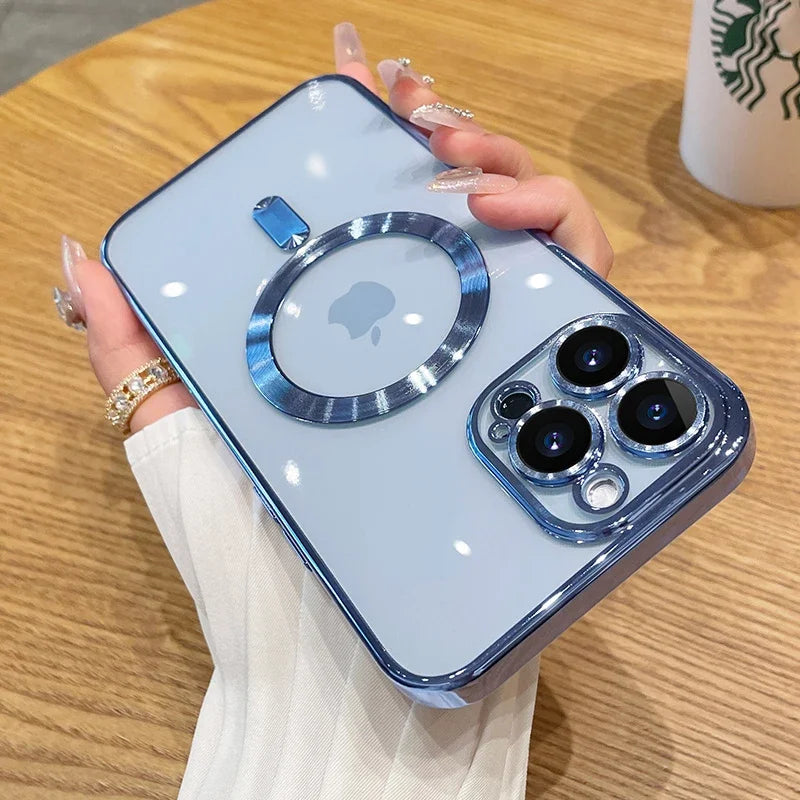 Magnetic Plating Case For iPhone 15 16 14 17 Pro Max Air Camera Lens Protector Glass For Magsafe Wireless Charger Cover