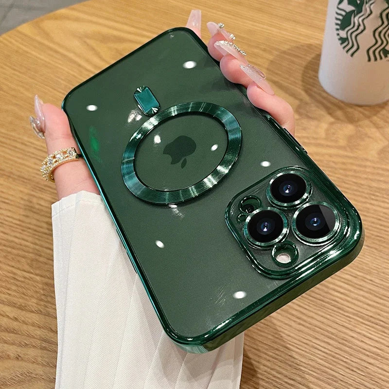 Magnetic Plating Case For iPhone 15 16 14 17 Pro Max Air Camera Lens Protector Glass For Magsafe Wireless Charger Cover