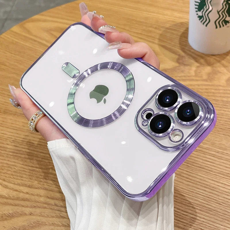 Magnetic Plating Case For iPhone 15 16 14 17 Pro Max Air Camera Lens Protector Glass For Magsafe Wireless Charger Cover