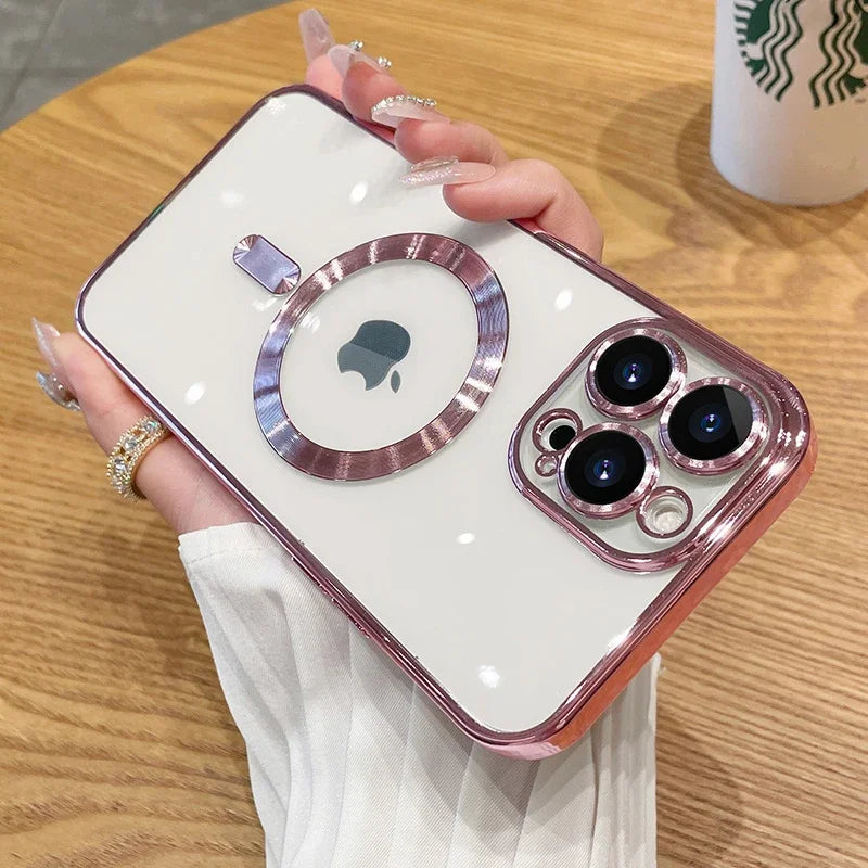Magnetic Plating Case For iPhone 15 16 14 17 Pro Max Air Camera Lens Protector Glass For Magsafe Wireless Charger Cover