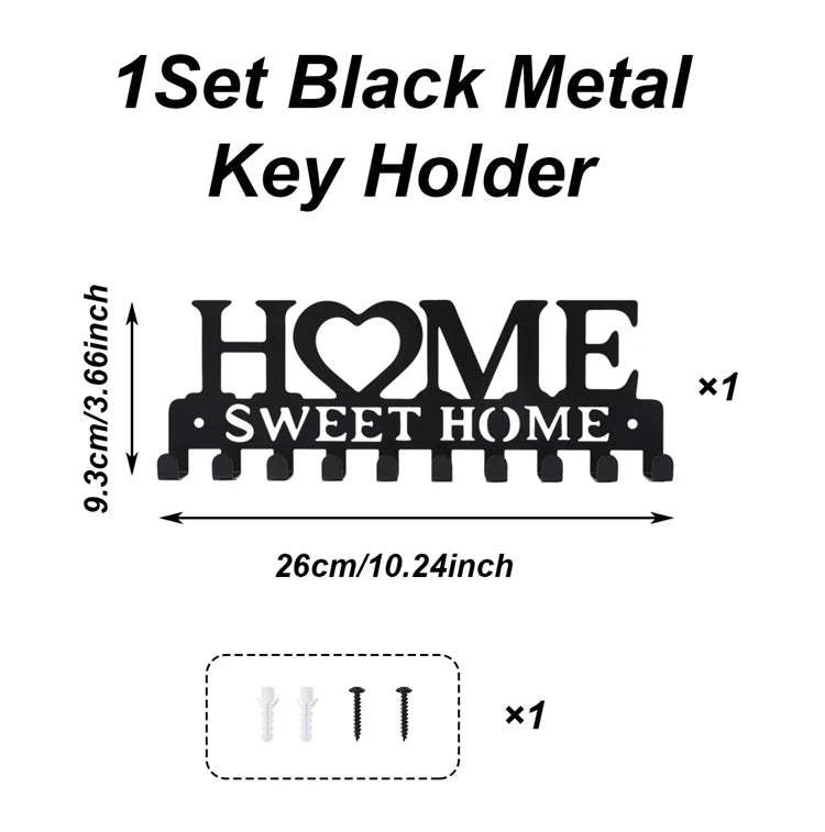 1pc Black Metal Keys Holder Wall Mount Key Holder Sweet Home Design Style Key Rack for Key Hanger with 10 Hooks