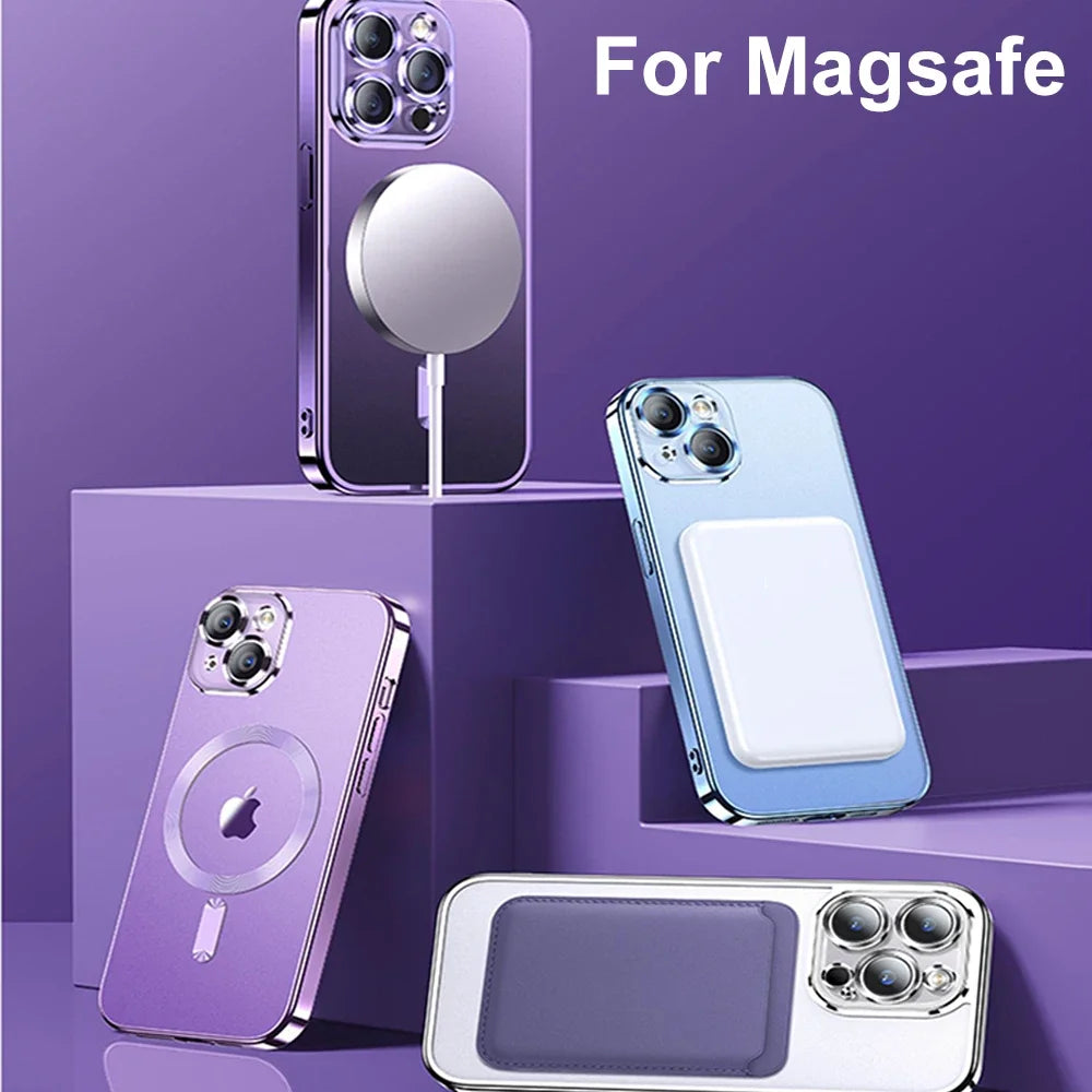Magnetic Plating Case For iPhone 15 16 14 17 Pro Max Air Camera Lens Protector Glass For Magsafe Wireless Charger Cover