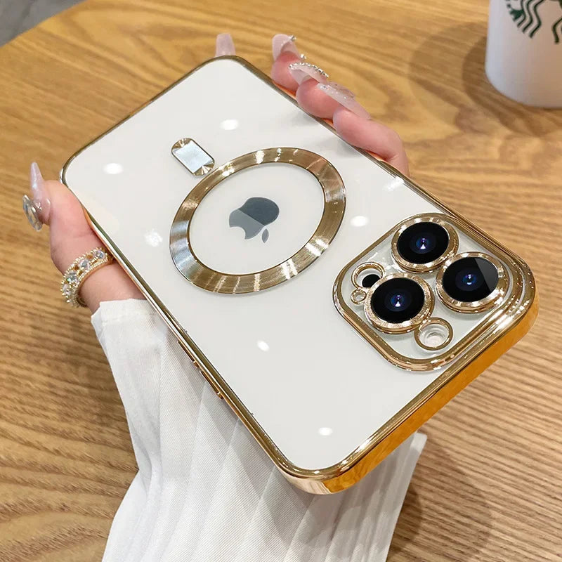 Magnetic Plating Case For iPhone 15 16 14 17 Pro Max Air Camera Lens Protector Glass For Magsafe Wireless Charger Cover