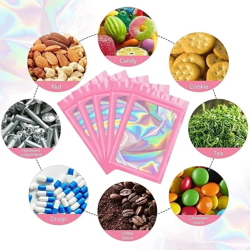 100Pcs Holographic Ziplock Bags Plastic Laser Iridescent Zip Bags for Manicure Eyelash Display Earrings Ring Jewelry Storage Bag
