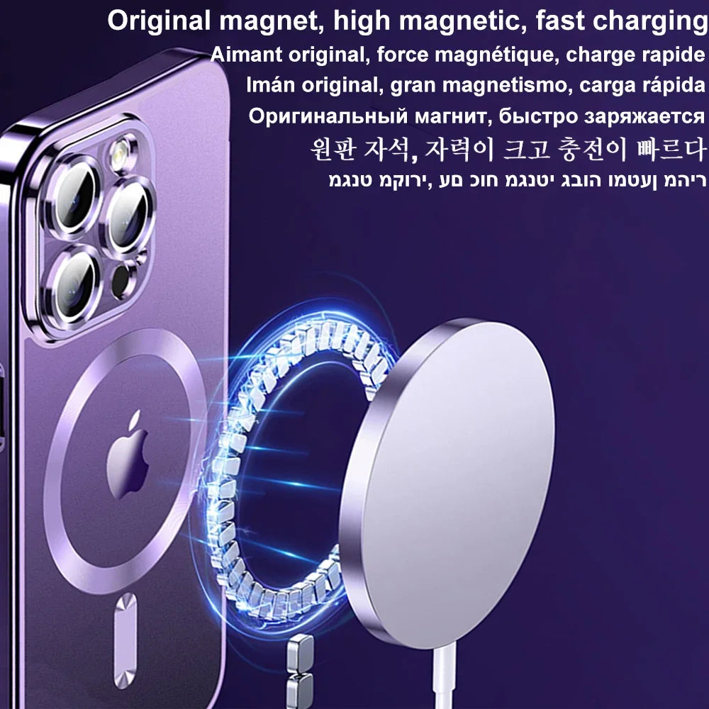 Magnetic Plating Case For iPhone 15 16 14 17 Pro Max Air Camera Lens Protector Glass For Magsafe Wireless Charger Cover